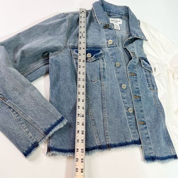 Republic Denim Jacket Womens Medium Two-Tone Button-Up oversized Raw hem - Picture 3 of 7